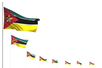 wonderful Mozambique isolated flags placed diagonal, illustration with bokeh and space for your content - any holiday flag 3d illustration..