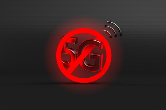 3d rendering of technology and business concept. 5G sign and shiny red forbidden sign on black background. Stop 5g. Network, internet, connection. Wireless data transfer.