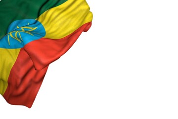 cute day of flag 3d illustration. - Ethiopia flag with big folds lay in top left corner isolated on white