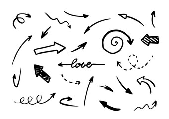 Set of hand-drawn arrows on white background. Curved, spiral, straight black pointers in vector