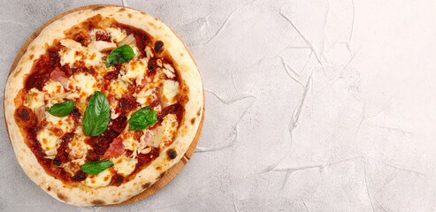 pizza with dried tomatoes, chicken, basil, tomatoes and mozzarella cheese banner on gray concrete or stone table top view