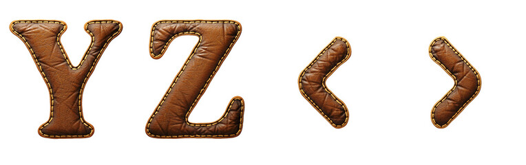 Set of leather letters Y, Z and symbol left, right angle bracket uppercase. 3D render font with skin texture isolated on white background.