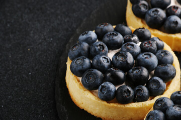 blueberry tart on dark background . set of mini tart cake with blueberries