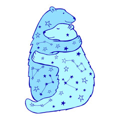 Cute blue polar bear hugs with constellation isolated for white background. Hand drawn animals illustration for card, poster, t-shirt, vall art.