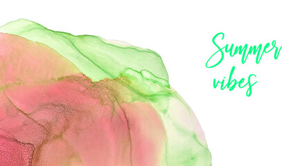 Airy colourful illustration on white background with space for your text, copy. Banner, website Hero section image. Alcohol ink, paint texture. Closeup of the painting. Soft airy color gradient, blend
