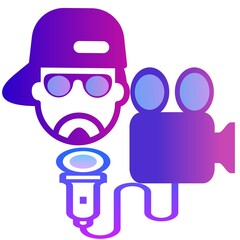 bearded man in cap with microphone and video camera in blue to purple colour play graphic image