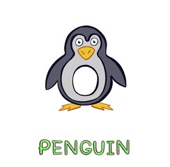 Illustration of a happy colored baby penguin with big eyes wants a hug, icon . Vector illustration