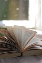 Open book on a table. Selective focus.