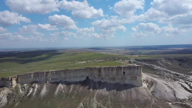 Amazing views of Wild West landscapes. Arial video of magnificent White cliff in Belogorsk area, Crimea peninsula.