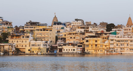 View of Udaipur city at lake Pichola in the morning, Rajasthan, India.