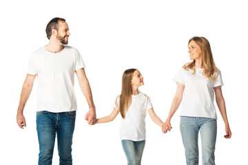 happy casual family holding hands while walking isolated on white