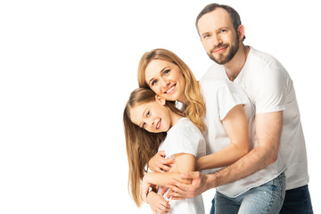 happy family in white t-shirts hugging isolated on white