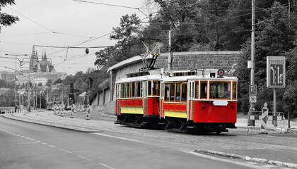 Fototapeta na wymiar Retro tram on the modern city streets