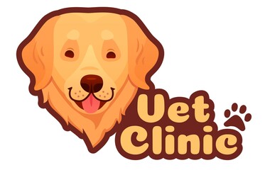 Vet clinic and veterinary logo with dog face sticker. Pet health care in hospital, domestic animal medicine. Logo design template with cute puppy head for pet treatment vector illustration