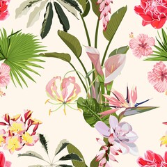 Illustration with many kind exotic flowers. Beautiful seamless background with tropical flowers on white. Composition with calla lily with leaves and exotic flowers.