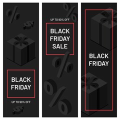 Black friday minimalistic banners. Black gift boxes with ribbons with percent and dollar icons. Special offer up to 90 percent off, store promotion, shop advertisement vector illustration