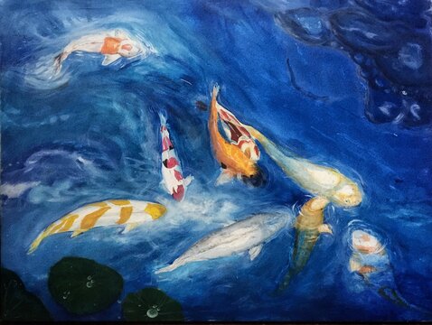 colorful koi fishes in the water, painting pictue