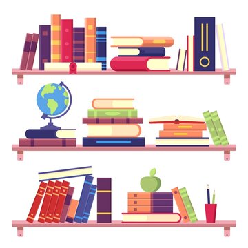 Book shelves with stack of books and other objects as binder, globe, apple and pencils. Home library on wall. Education and reading literature concept, knowledge vector illustration