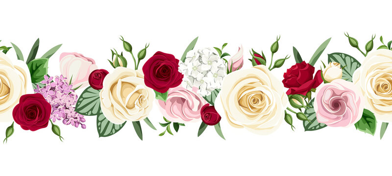 Vector horizontal seamless border with red, pink and white roses, lisianthuses and lilac flowers on a white background.