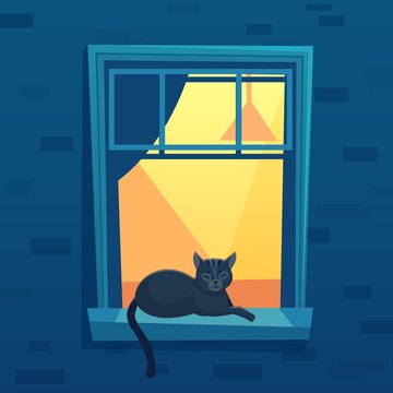 Cat lying in lit up city apartment open window at night time. Black kitten character having rest on windowsill with abstract interior and curtains, evening scene cartoon vector illustration