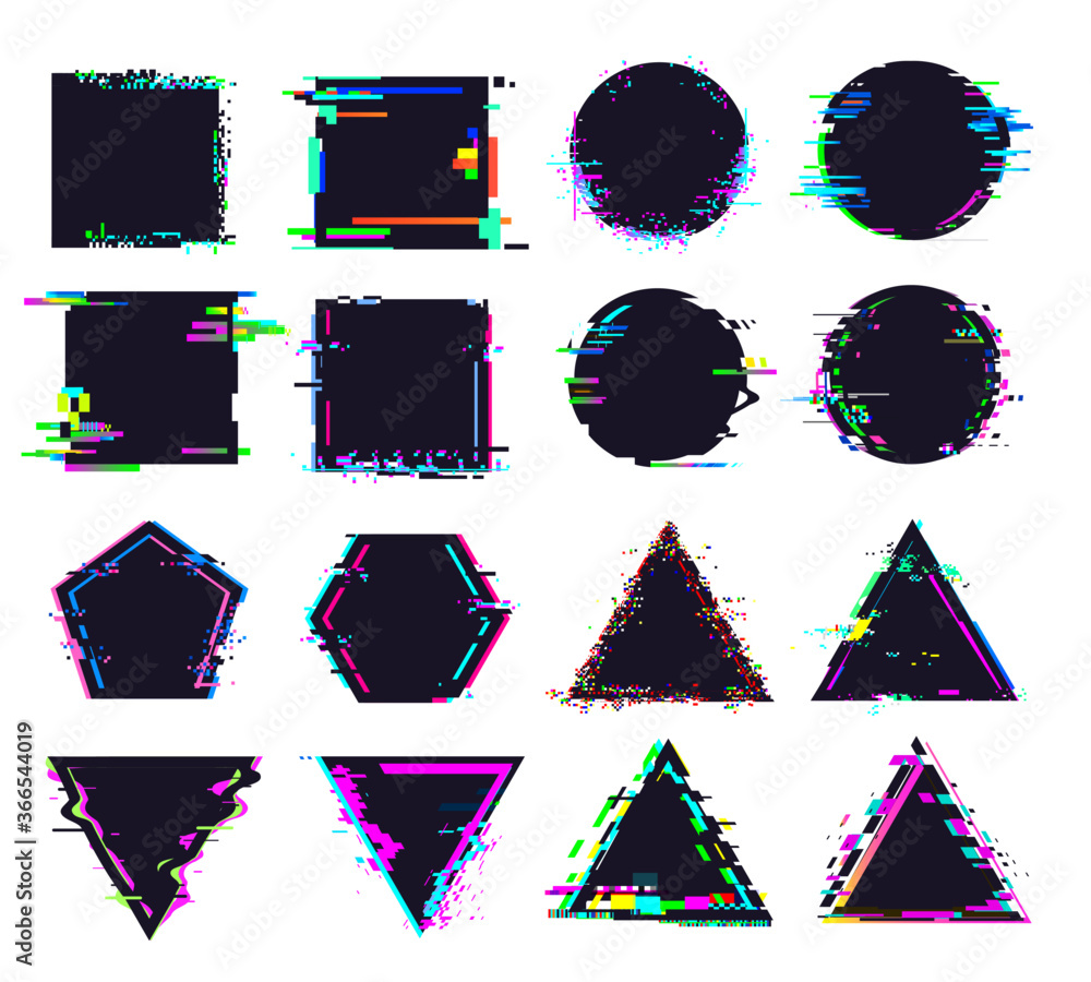 Poster glitch black frames of different shape. distorted signal, square and round, triangle and polygonal f