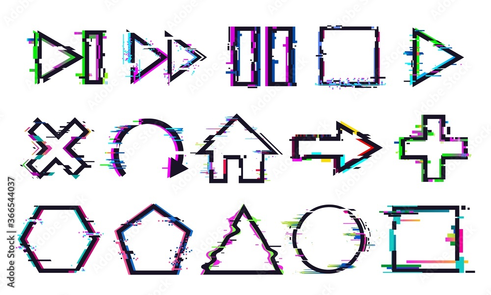 Poster glitch buttons. music and game control icons with distorted effect. play, stop or pause and rewind, 