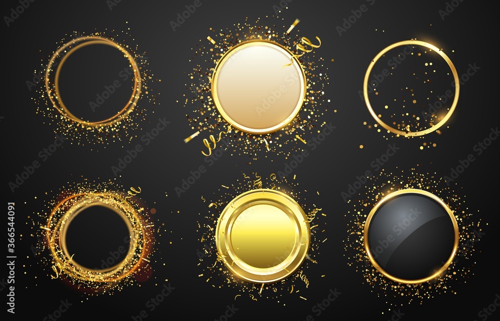 Poster golden frames with confetti. glaring and shining borders in luxury style. empty space for text. mode