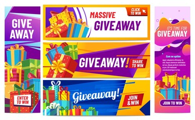 Giveaway colorful banners. Giving gifts, present boxes with ribbons. Winning award or prize in contest for social media posts. Internet blogger announcement, random quiz vector illustration