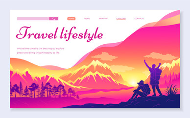 Landing page of travel site. Two travelers sit and stand in front of red-orange mountains background. Tourist takesmountain landscape photo . Firs and pines silhouettes on the rock background.
