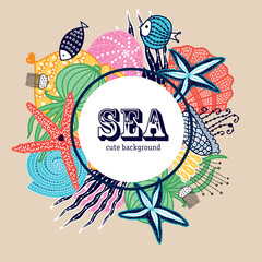 Cute card with jellyfish, shells, fish, starfish and algae.