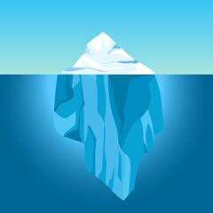 Cartoon iceberg in water. Big iceberg floating in ocean with underwater part. Clear water with ice mountain, global warming vector concept. Antarctic north sea with ice with top above water