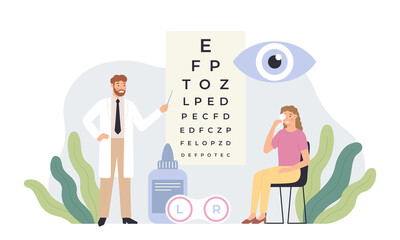 Ophthalmologist checking vision. Eye healthcare test, ophthalmology diagnostics and professional ophthalmologists in white coats vector illustration. Oculist doing eyesight examination