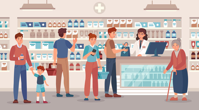 Pharmacy store. Pharmacist sells various medications people, medical consultation and buying medication in drugstore vector illustration. Old woman, man and woman with basket buy pills
