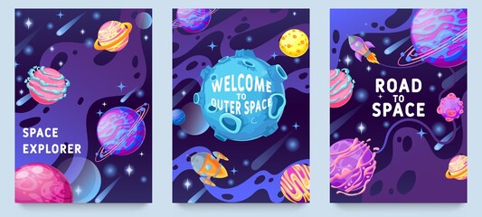 Fantasy planets kids posters. Multicolor cosmic objects, space galaxy world design for flyer, magazine, poster or book cover vector set. Welcome to outer space, exploration on rocket or spaceship © Tartila
