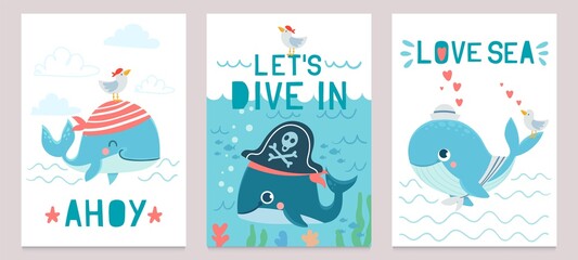 Whale card. Cute marine animals blue whales, happy orca for baby shower design, childrens clothes print, invitation cards vector set. Aquatic creatures in pirate hat, narwhal with seagull © Tartila