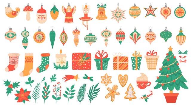 Christmas flat elements. Festive trees with toys and garlands, gingerbread, xmas socks and gift box colorful New Year vector decoration. Plants holly berry fir tree branch. Candy cane, hot chocolate