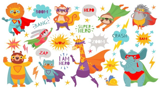 Superhero animals. Cute hero animals with capes and playful masks, brave funny animal comic speech bubbles, cartoon vector characters. Lion and monkey, bunny and bear, cat and giraffe, elephant