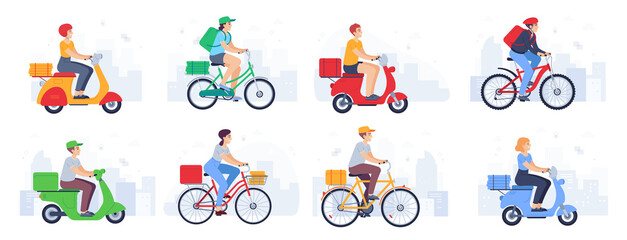 Scooter delivered. Guy courier in helmet on bike carries parcel, fast food. Delivery product with moped in urban landscape vector set. Woman and man characters with backpack, hat on bicycle © Tartila