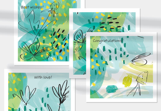 Card Layout with Sketched Garden Floral on Green Doodles