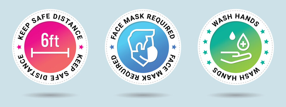 Coronavirus COVID-19 prevention sticker set. Keep Safe Distance stamp vector illustration. Face Mask Required stamp vector illustration. Wash hands stamp vector illustration.