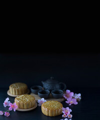 Obraz na płótnie Canvas Traditional Baked Mooncake on Dark Background. Mooncakes with Sakura Flowers. Mooncake side view with Copy Space.