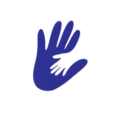 Parent and child s hand together logo. Concept vector graphic. This illustration shows the relationship between parent and children. The kid s hand is placed over the father or mother hand
