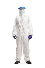 Man in a hazmat suit gesturing stop with hand isolated on white background