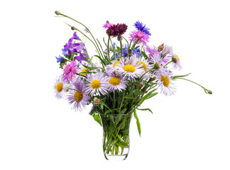 Bouquet of wild flowers in a glass vase on a white background