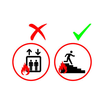 Vector illustration signage of Do not use elevator in case of fire. Do not use lift in case of fire symbol. Right way and wrong way to use lift in case of fire. 