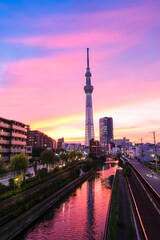 東京スカイツリー 柳島歩道橋からの夕景