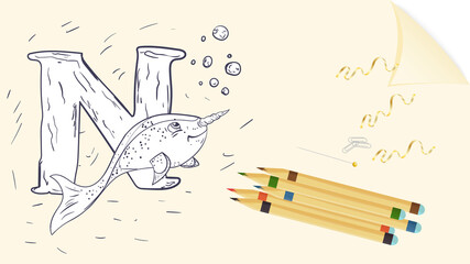 illustration layout banner of the English alphabet for learning the alphabet letter N narwhal on a sheet of paper with colored pencils outline Doodle