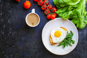 Fototapeta na wymiar fried egg and toast bread salad delicious breakfast snack yolk and protein food background top view copy space eating healthy raw Takeaway