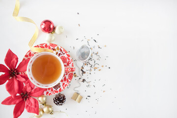 Christmas morning. Christmas Tea Flatlay on White Table. Christmas Flatlay with Copy Space. Xmas food and drinks in Asia.