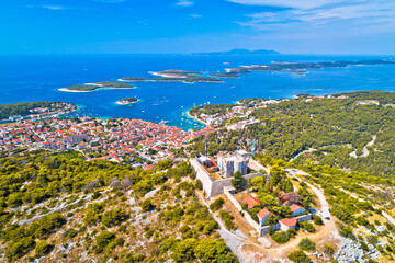 Amazing town of Hvar and Napoleon fortress aerial view